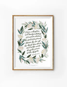 A Woman Who Fears the Lord Christian poster by Kristen Kiong featuring Proverbs 31:30–31 with a botanical floral wreath
