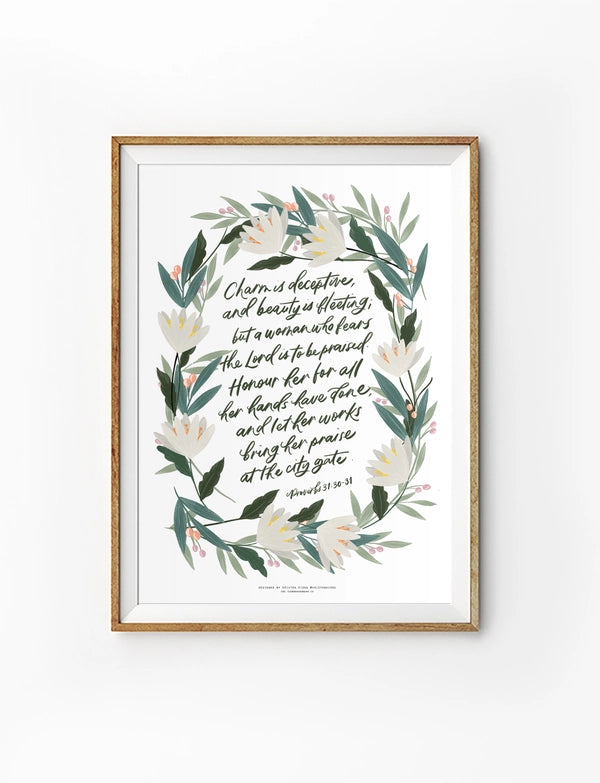 A Woman Who Fears the Lord Christian poster by Kristen Kiong featuring Proverbs 31:30–31 with a botanical floral wreath