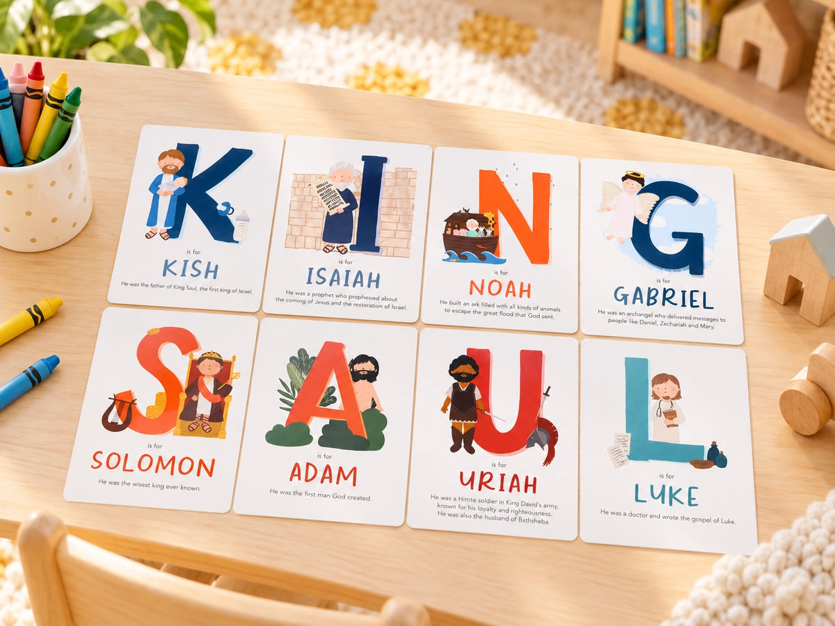 A-Z Bible Character Flashcards Set arranged on a children's activity table