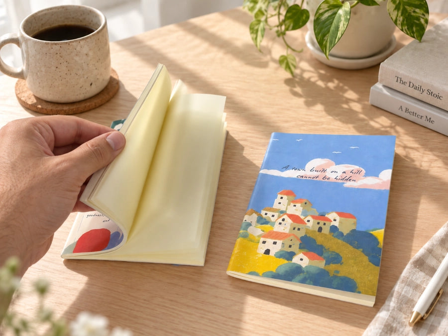 A6 Christian notebook opened to blank pages beside the A Town Built on a Hill design on a sunlit desk