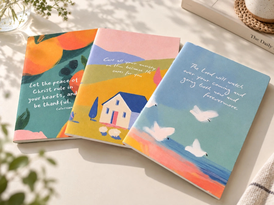 Three colourful A6 Christian notebooks with Bible verse covers arranged together in warm natural light