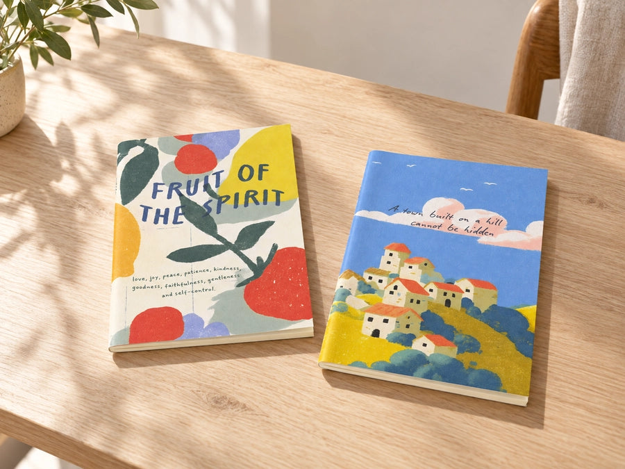 Fruit of the Spirit and A Town Built on a Hill A6 Christian notebooks displayed side by side on a wooden table