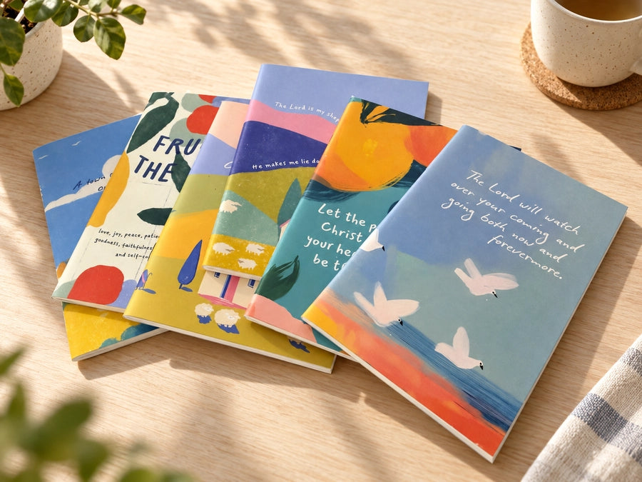 Lifestyle photo of colourful A6 Christian notebooks arranged on a sunlit wooden desk with plants and a coffee cup