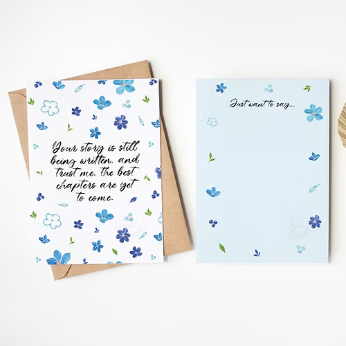 A6 floral postcard featuring blue flower pattern