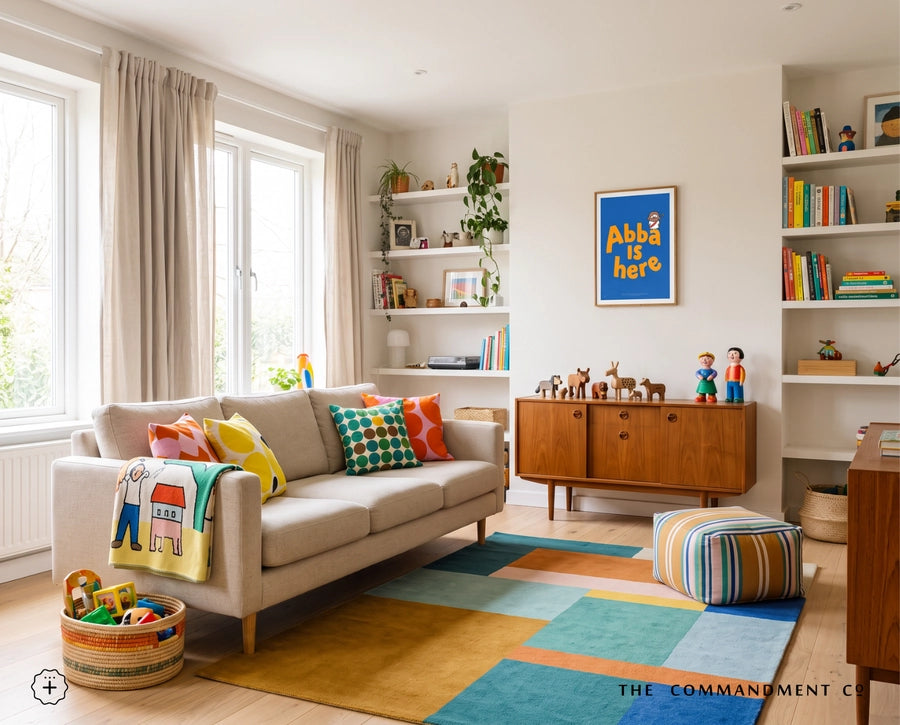 Abba Is Here Christian poster displayed in a bright family living room with colourful furnishings