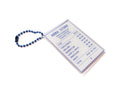 Angled view of Abba Store receipt-inspired Christian acrylic keychain with blue ball chain and Paid in Full design