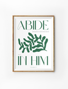 Minimalist "Abide in Him" poster by Littlulines featuring green botanical illustration and uplifting scripture, perfect for Christian home decor and simple happiness inspiration.