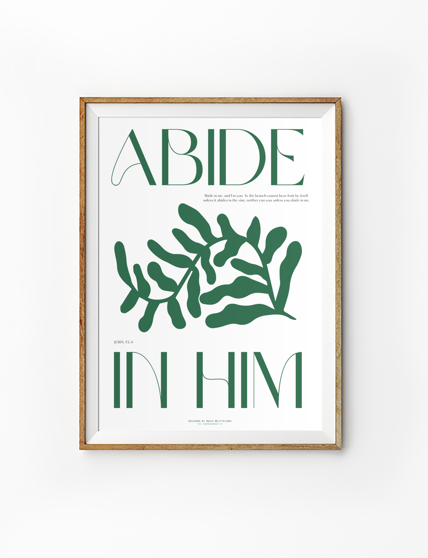 Minimalist "Abide in Him" poster by Littlulines featuring green botanical illustration and uplifting scripture, perfect for Christian home decor and simple happiness inspiration.
