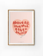 Christian wall art poster featuring a hand-lettered heart with the phrase “Above all, love each other deeply,” inspired by 1 Peter 4:8, illustrated by Moojigae Drawing in soft pink tones.