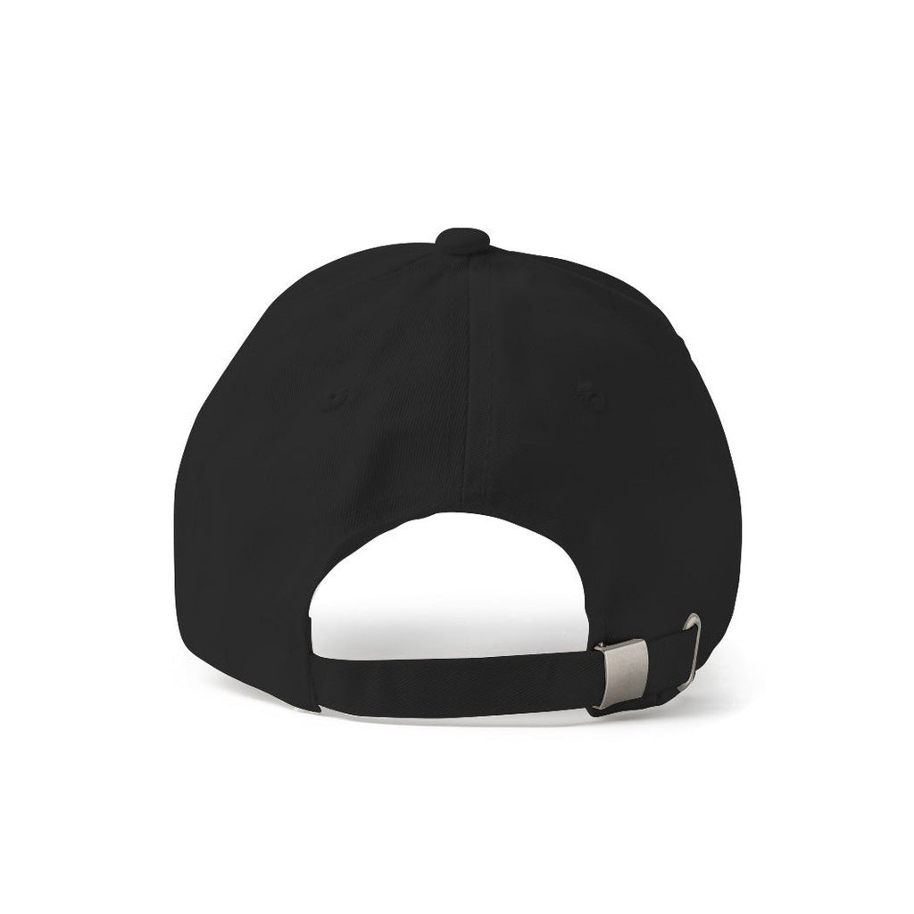 Back view of a black cap featuring an adjustable strap with a durable metal buckle, showcasing a modern and comfortable streetwear design.