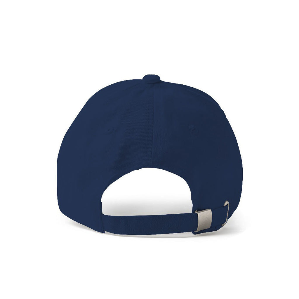 Back view of a navy blue cap featuring an adjustable strap with a sturdy metal buckle, highlighting its modern and durable streetwear design.