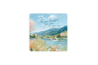 Always Thankful for You wooden coaster with a soft painted landscape of flowers, river and mountains.