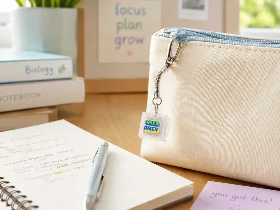 AMEN AMEN clickable keycap keychain clipped to a cream pencil pouch beside notebooks on a study desk