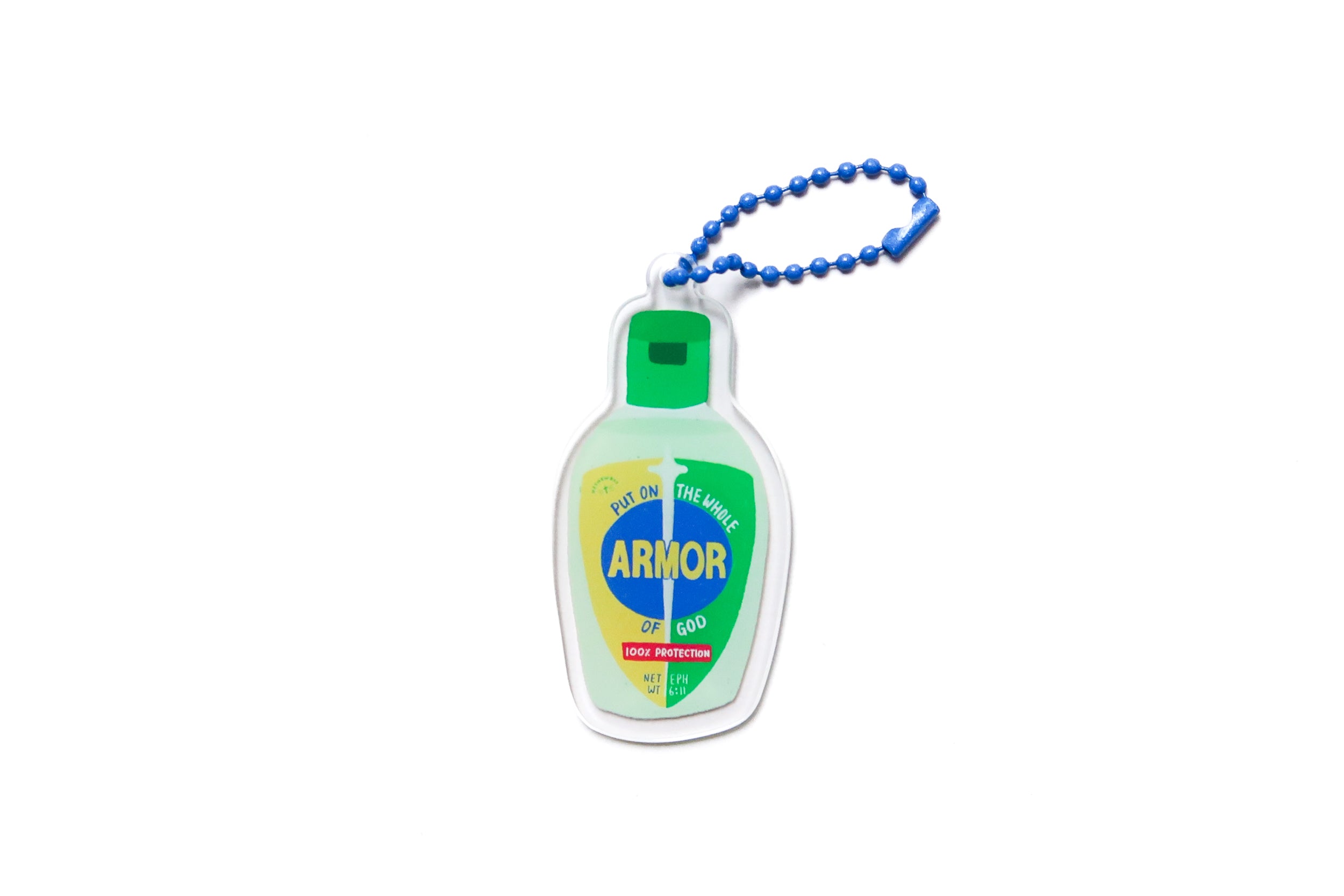 Armor of God Hand Sanitizer acrylic Christian keychain from LOVE SUPERMARKET.