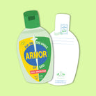 Christian postcard shaped like a hand sanitizer bottle with the label “Put on the whole armor of God” referencing Ephesians 6:11, designed in a playful illustrated style.