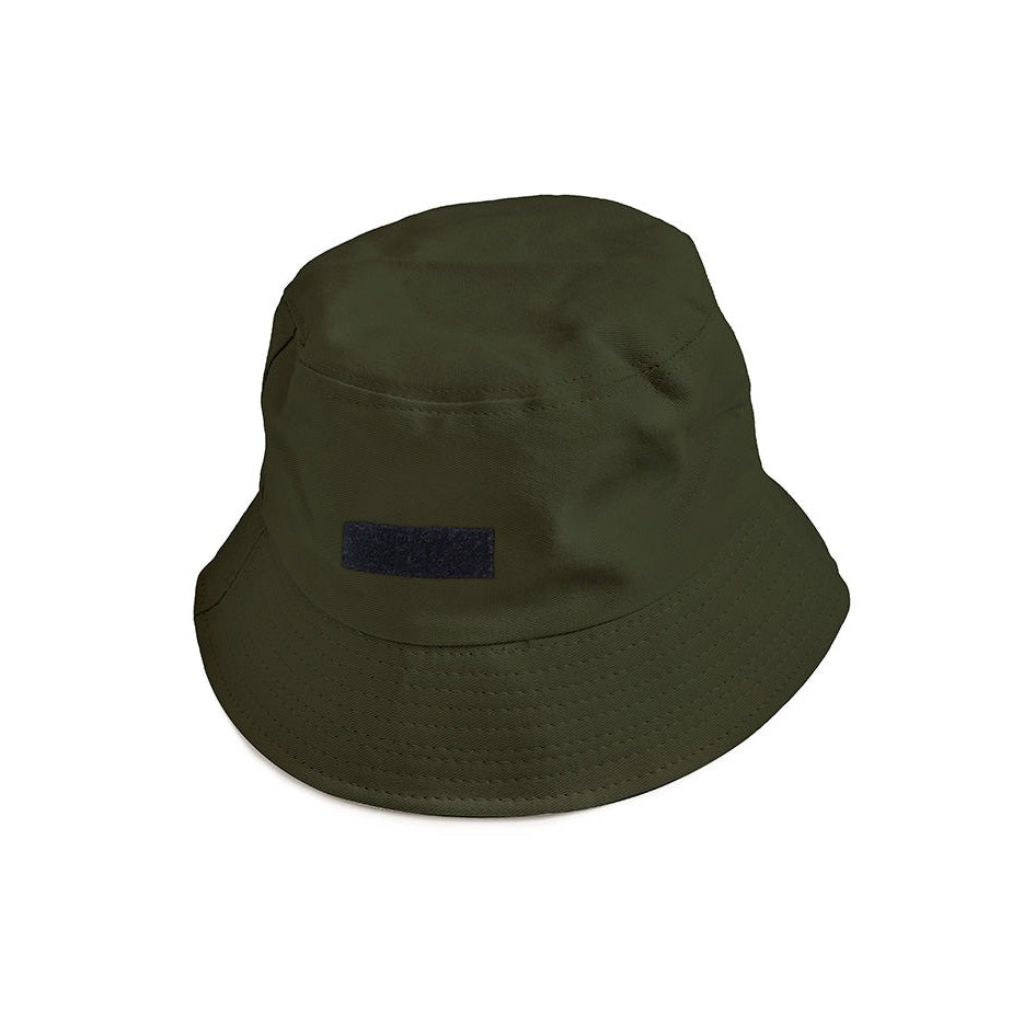 An army green bucket hat featuring a blank black velcro patch, perfect for customizable designs, offering a modern and versatile streetwear accessory.