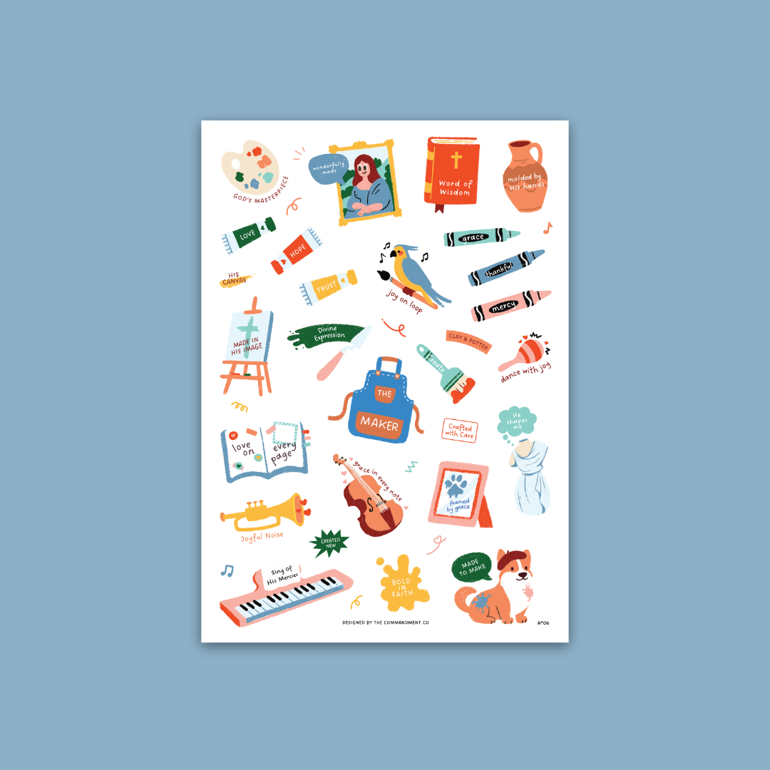 Art Stickers Sticker Sheet with transparent background featuring faith-inspired creative designs like “The Maker,” “Dance with Joy,” and “God’s Masterpiece” by The Commandment Co.