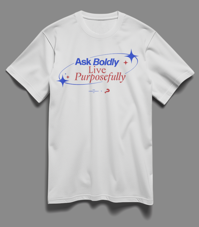 Christian youth shirt with 'Ask Boldly, Live Purposefully' message – faith-based apparel encouraging bold prayer and purposeful living through God.