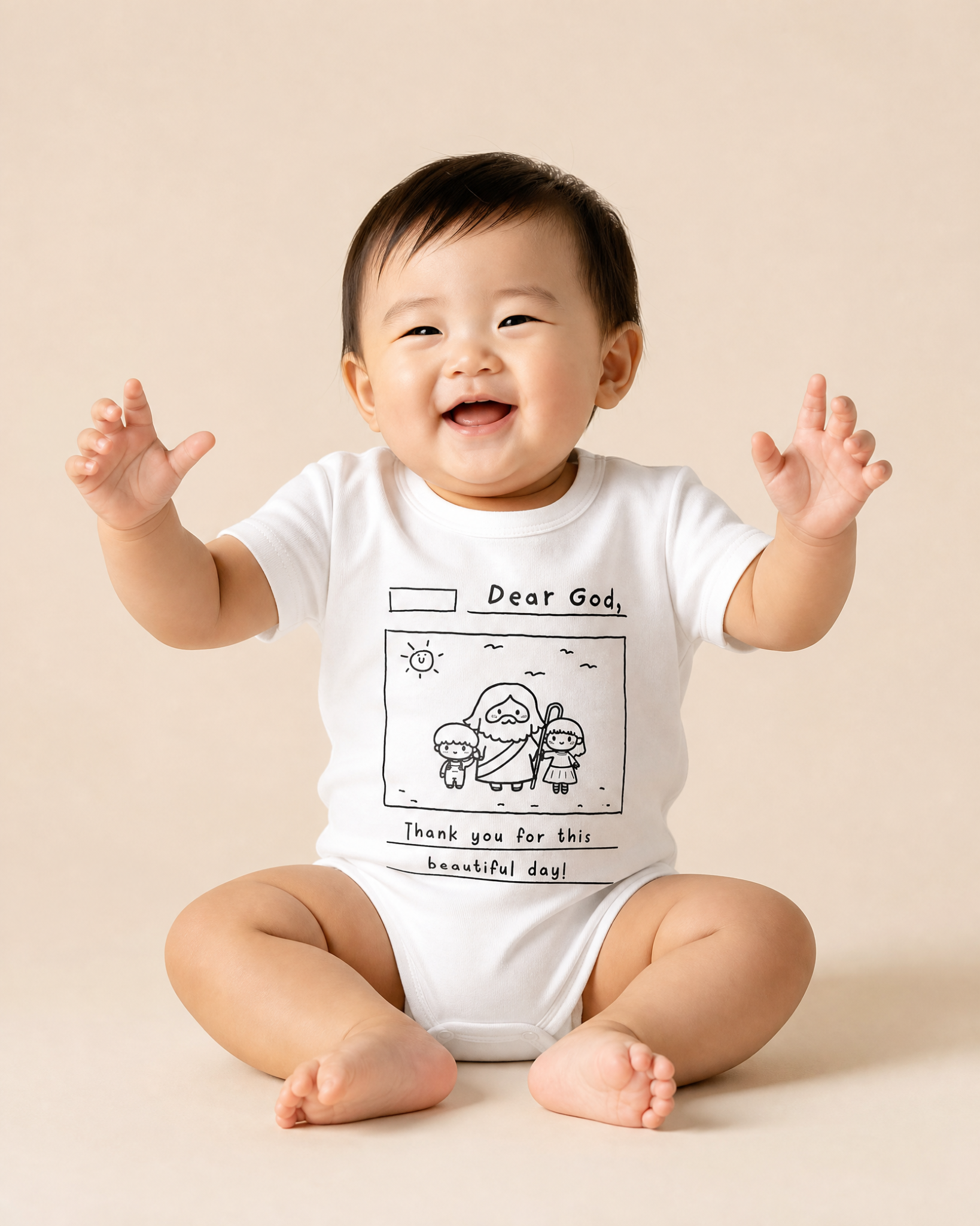 Smiling baby wearing a white Dear God Christian romper with Jesus and children prayer design