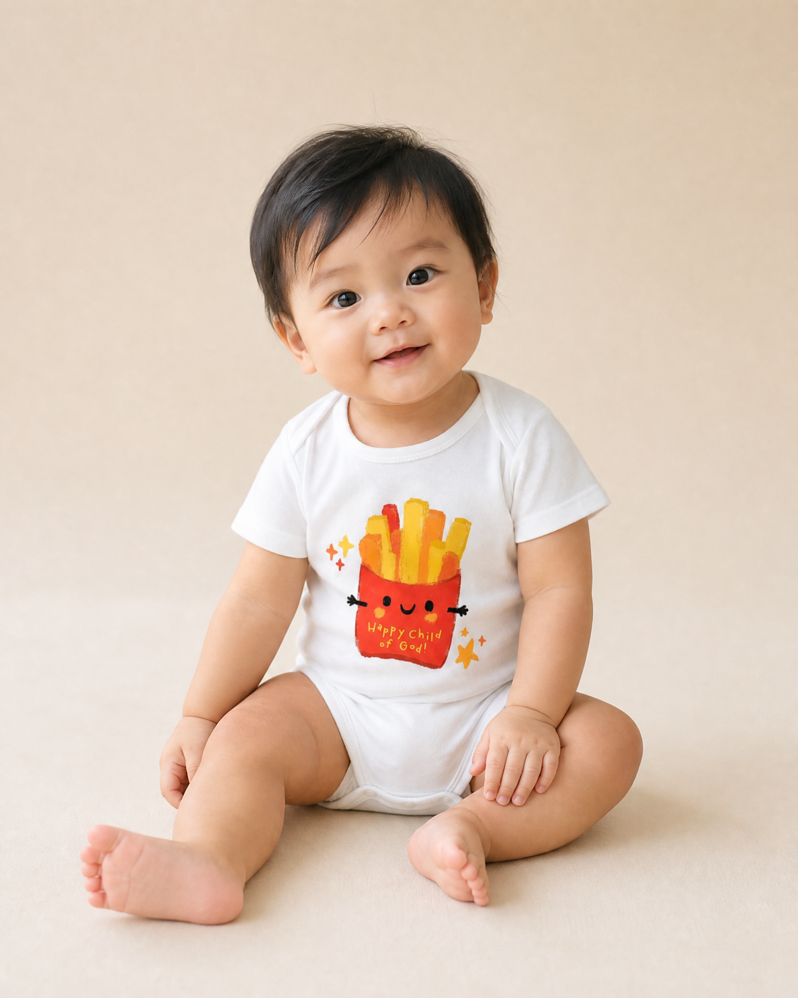 Baby wearing a white Happy Child of God romper with colourful fries illustration