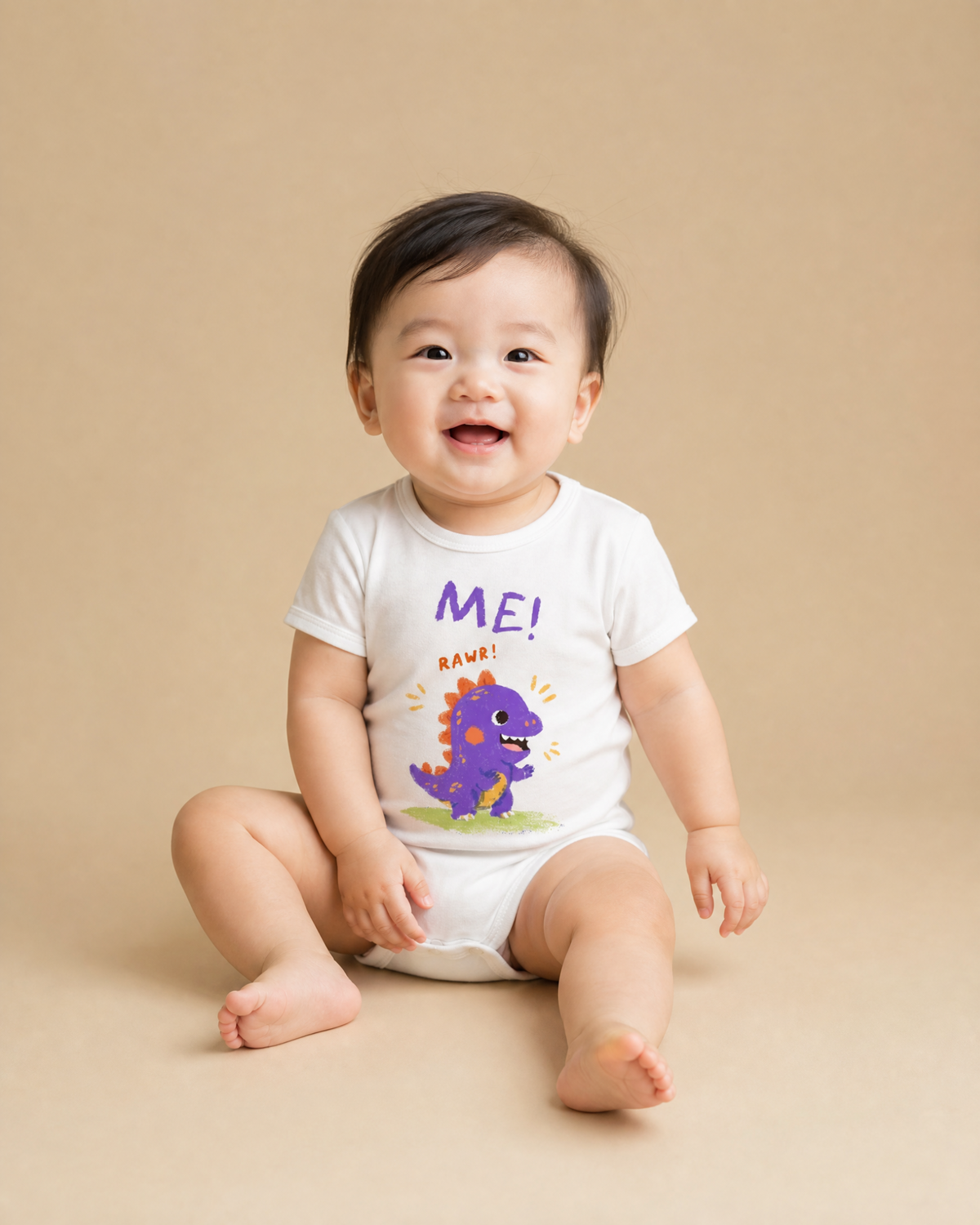 Smiling baby wearing a white ME! RAWR romper with colourful purple dinosaur illustration