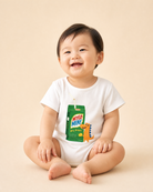 Baby wearing the Mylo Mine dinosaur drink packet Christian romper