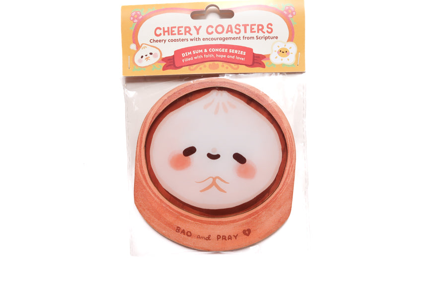 Bao and Pray cheery coaster in packaging from Dim Sum & Congee Christian coaster series with encouragement from Scripture.