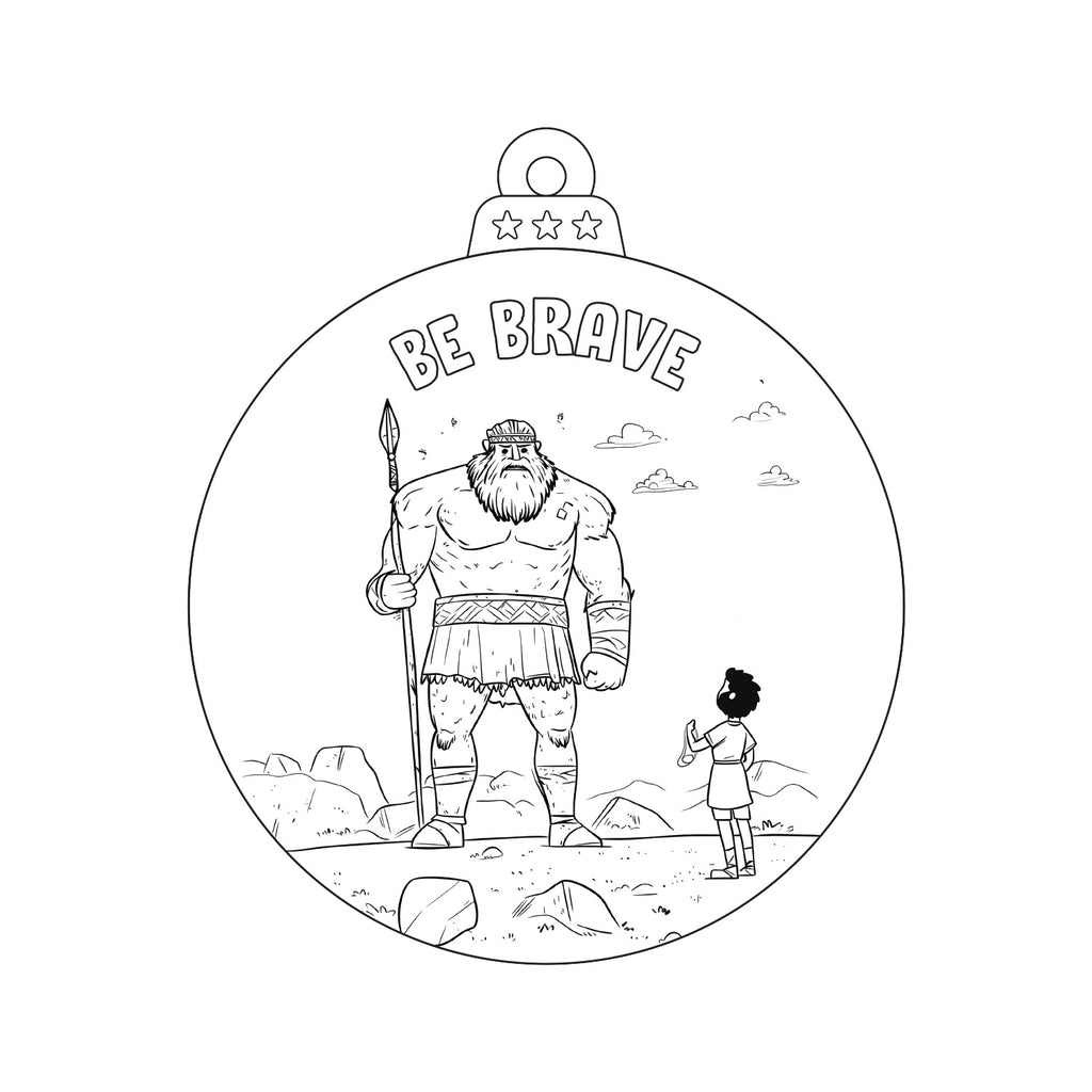 Christian coloring page illustration of David and Goliath with the phrase 'Be Brave,' showing young David facing the giant Goliath with a slingshot.