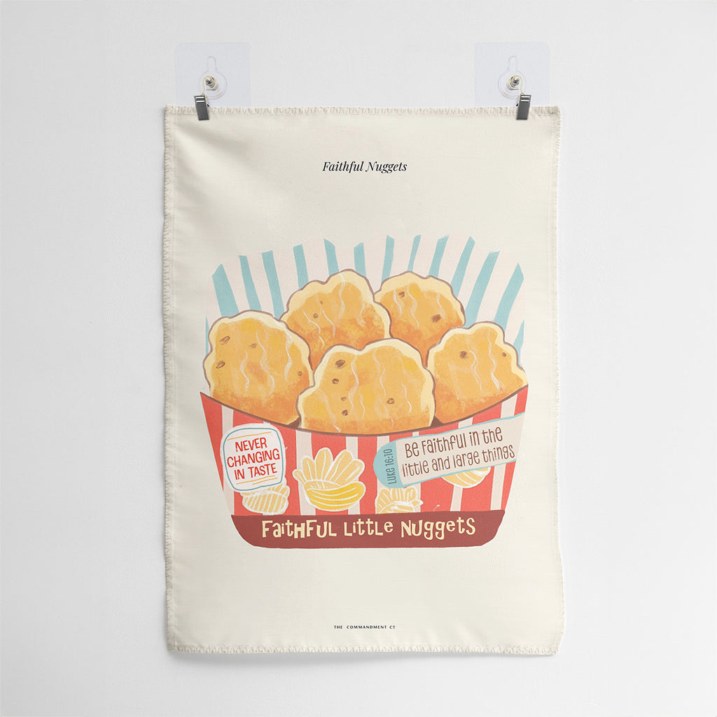 Wall tapestry featuring 'Faithful Little Nuggets' design with the message 'Be Faithful in the Little and Large Things' and Bible verse Luke 16:10, designed for Christian inspiration and home decor.