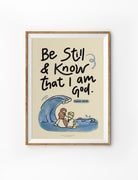 Christian art print featuring the phrase “Be Still & Know that I am God – Psalm 46:10” with an illustration of Jesus sitting beside a child near ocean waves, collaboration with myhopefulsoul.