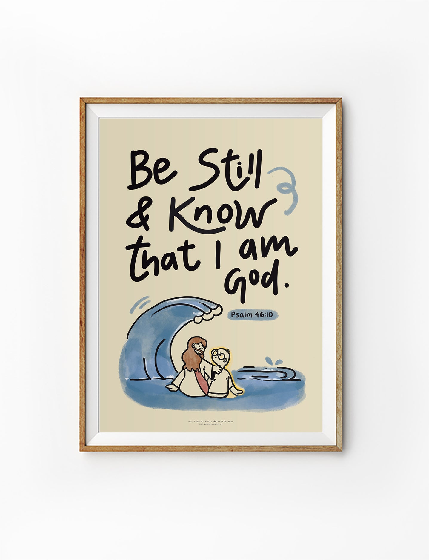 Christian art print featuring the phrase “Be Still & Know that I am God – Psalm 46:10” with an illustration of Jesus sitting beside a child near ocean waves, collaboration with myhopefulsoul.