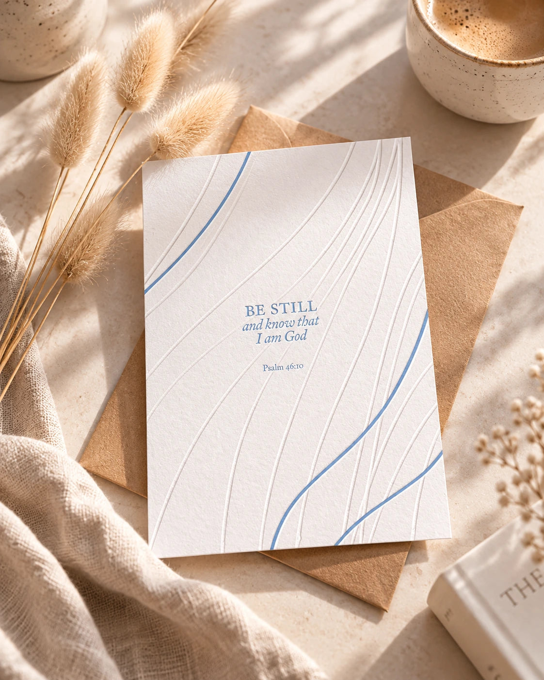 Be Still Psalm 46:10 letterpress print styled with a kraft envelope and dried flowers in warm natural light