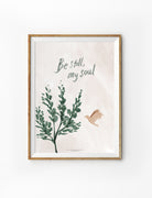Christian poster featuring “Be Still, My Soul” with green botanical artwork and a flying bird illustration