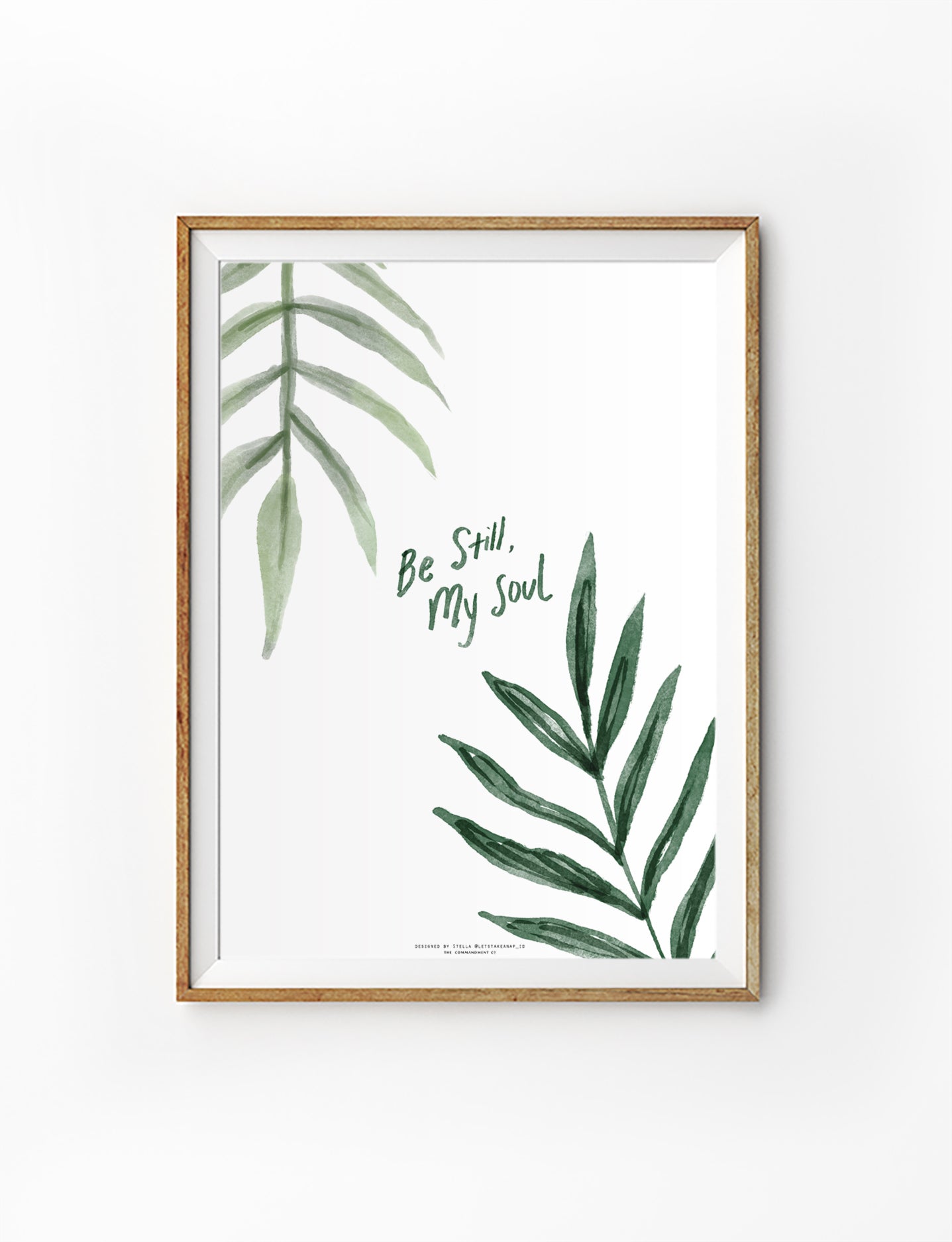 Christian poster featuring “Be Still, My Soul” with minimalist green botanical leaf illustrations