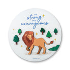 3D wooden Christian poster with the phrase 'Be Strong and Courageous,' featuring a lion, trees, and the Bible verse Joshua 1:9.
