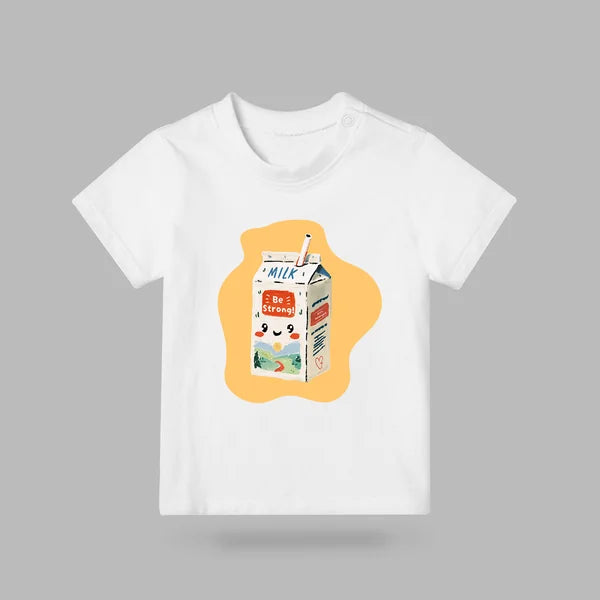 White Be Strong Milk kids T-shirt with illustrated smiling milk carton design