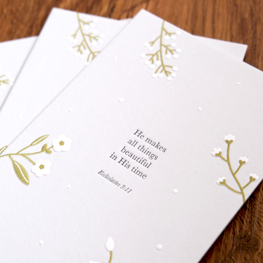 Close-up of the Beautiful In His Time Christian letterpress print on cotton paper.