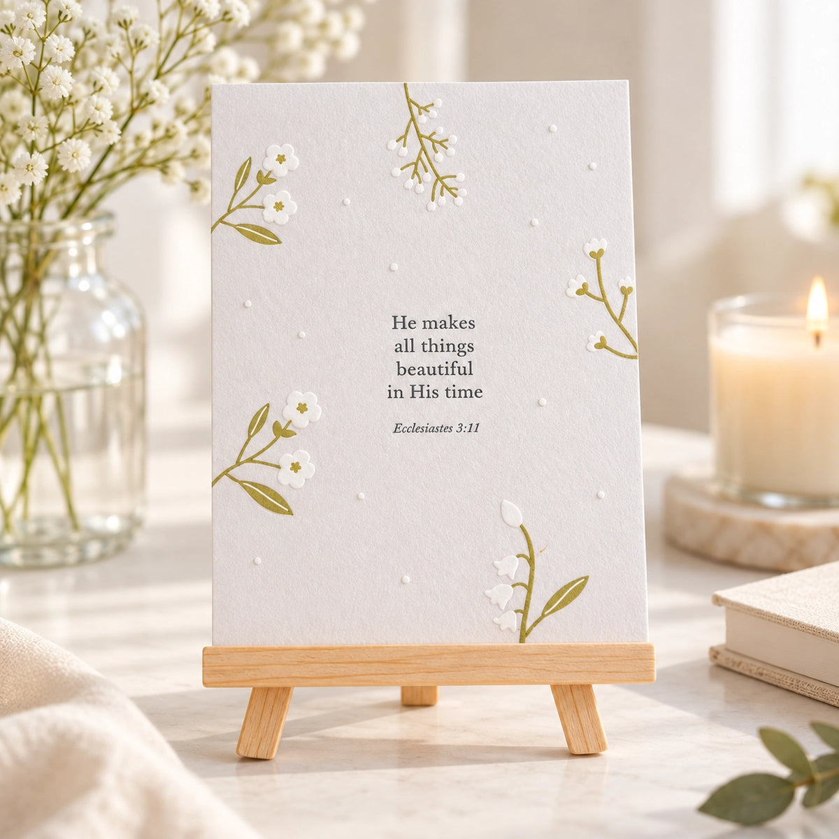 Beautiful In His Time Ecclesiastes 3:11 letterpress print displayed on a wooden easel.