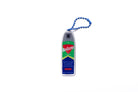 BeGone Worries acrylic keychain designed like an insect repellent spray bottle, featuring Matthew 6:25–34, with a blue beaded chain against a white background.