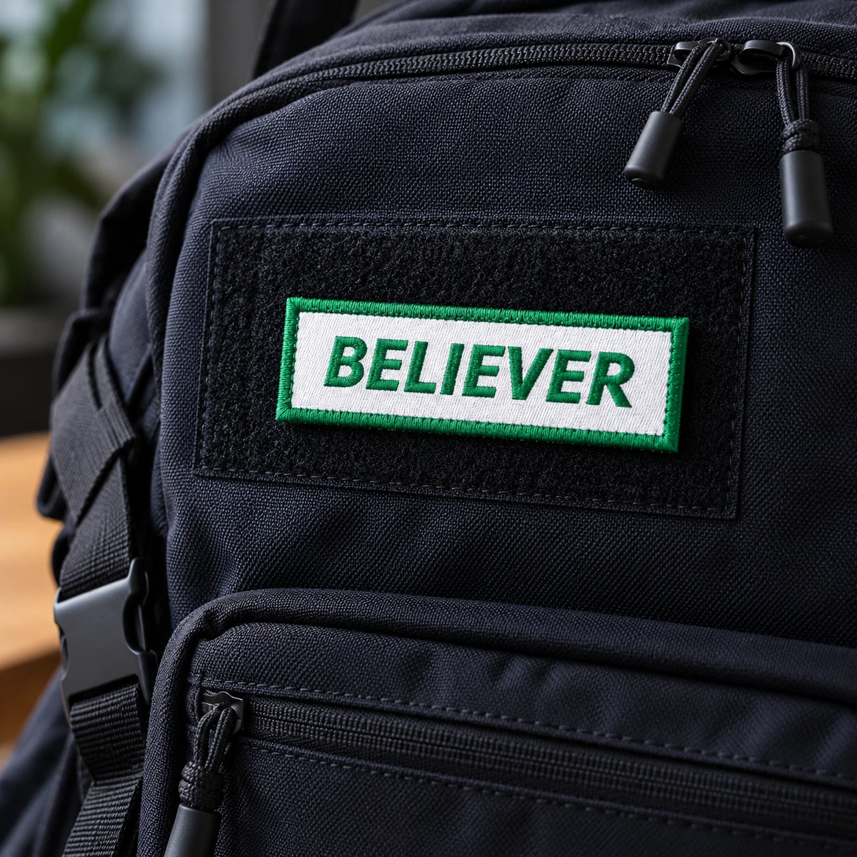 Green Believer embroidered Velcro tag attached to the black patch panel of a backpack