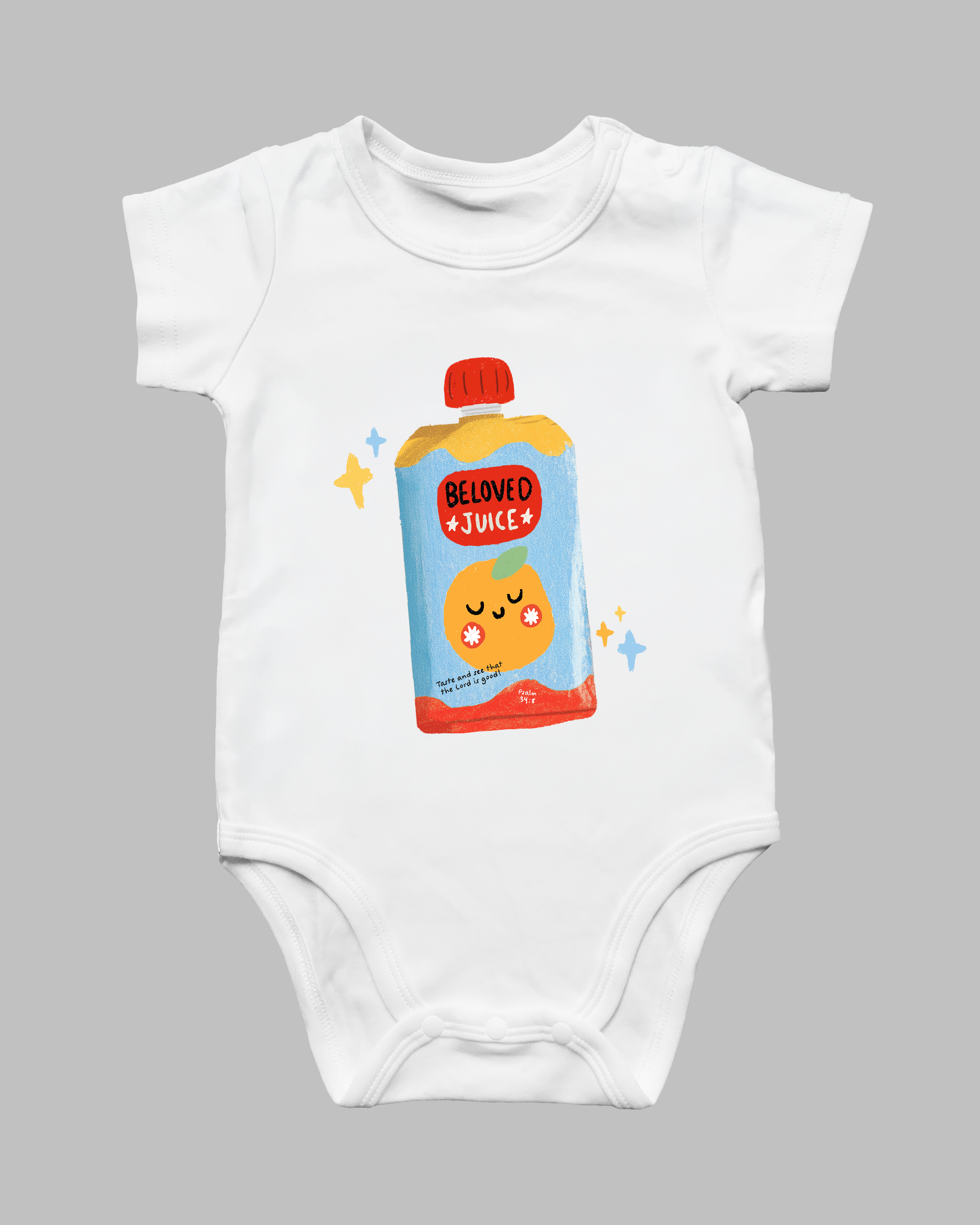 White Beloved Juice Christian baby romper with colourful drink pouch illustration