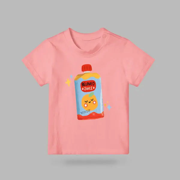 Beloved Juice Christian kids’ T-shirt in pink with a colourful juice pouch illustration