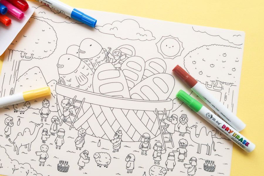 Bible-story silicone colouring mat shown with child-friendly creative artwork.