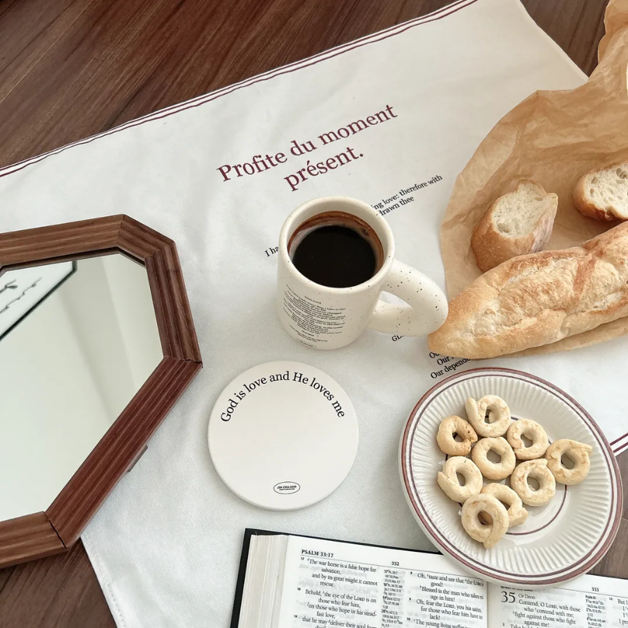 Christian ceramic coaster with “God is love and He loves me” Bible verse design