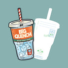 Christian postcard featuring a drink design with the message 'Big Quench - Never Thirst Again' inspired by John 4:14, symbolizing living water and spiritual fulfillment.