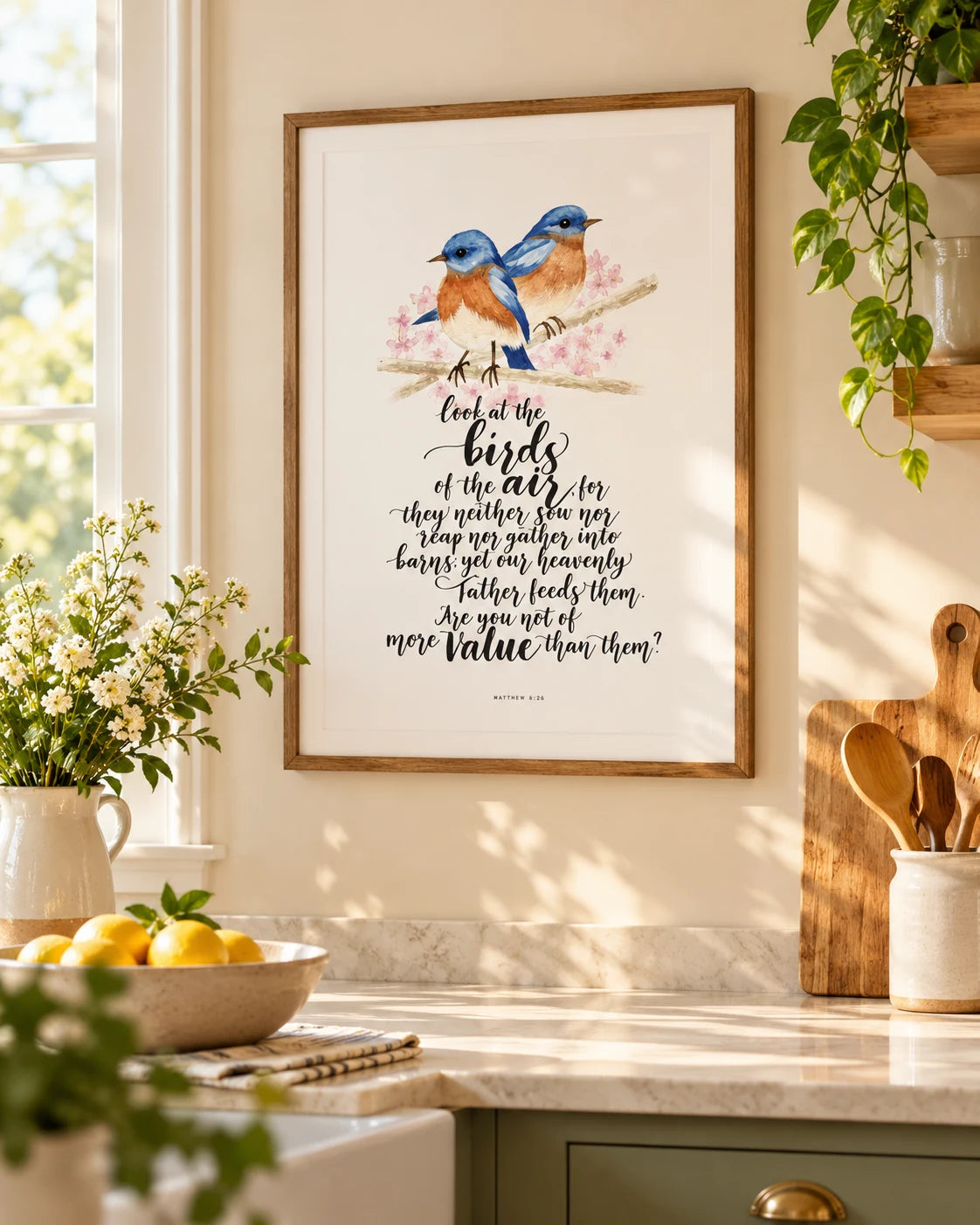 Birds Matthew 6:26 Christian poster framed in a sunny kitchen