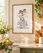 Birds Matthew 6:26 Christian poster framed in a sunny kitchen