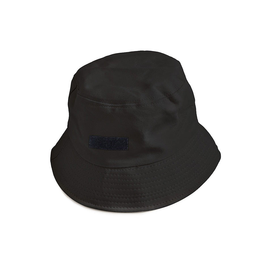 A black bucket hat featuring a blank velcro patch for customizable designs, offering a minimalist and versatile modern streetwear accessory.