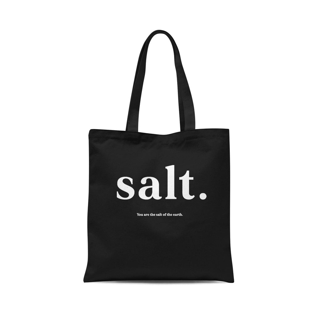 Black tote bag featuring the word 'Salt' and the phrase 'You are the salt of the earth,' an inspirational Christian quote