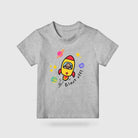Grey Blast Off rocket kids T-shirt featuring a colourful rocket and space doodles